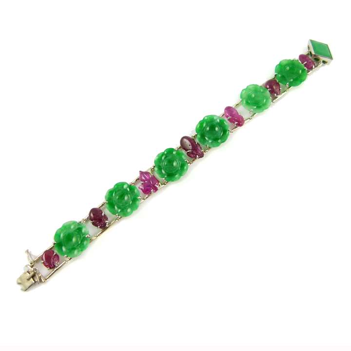 Jade panel and carved ruby bracelet,